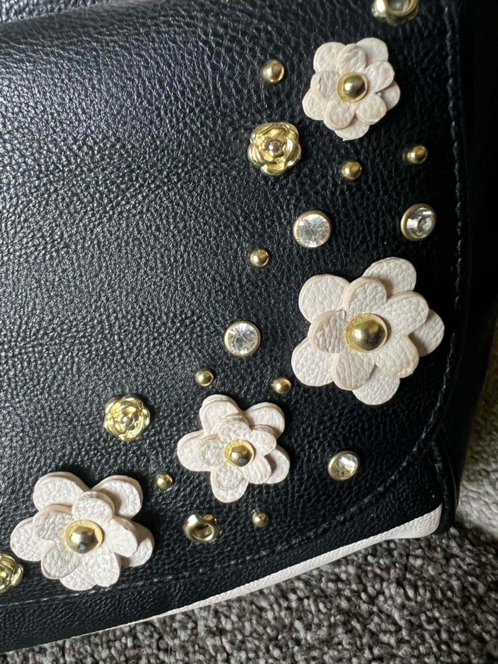 Betsey Johnson Floral Embellished Black and Cream Striped Purse Satchel Bag - Picture 3 of 16